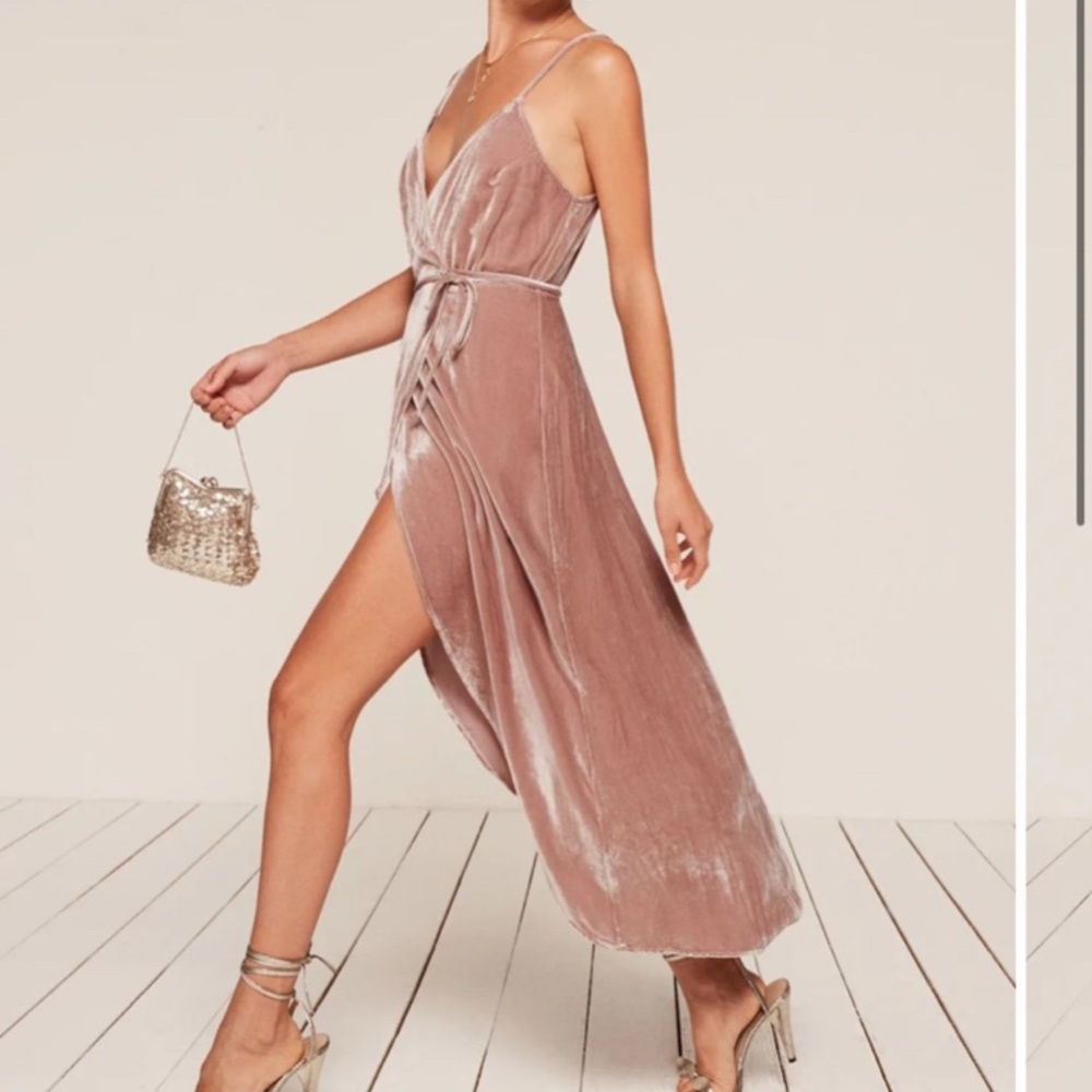 Reformation Crushed Velvet Dusty Pink High Low Wrap Spaghetti Strap Dress Sz M - Picture 7 of 8